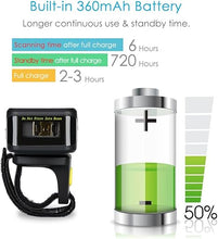 Load image into Gallery viewer, Eyoyo 1D Wireless Ring Barcode Scanner, Compatible with Bluetooth Function & 2.4GHz Wireless & Wired Connection, Portable Wearable Mini Finger Bar Code Reader Work with Windows, Mac OS, Android 4.0+,