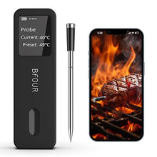 Load image into Gallery viewer, BFOUR Bluetooth Meat Thermometer Wireless with Waterproof Probe, Wireless Meat Thermometer Digital with LCD Display Booster, Digital Meat Thermometer for Cooking Food Oven BBQ Grill Smoker Thermometer