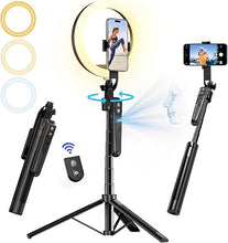 Load image into Gallery viewer, 70.9" Auto Face Tracking Tripod 360° Rotation with 10" Ring Light, Phone Tripod & Selfie Stick with Remote for Cell Phone 4"-7", Motion Sensor Phone Tripod for Tiktok Live Stream Vlog Video Recording