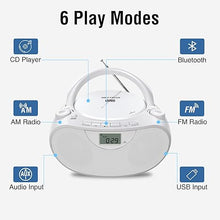 Load image into Gallery viewer, Portable Stereo CD Player Boombox with AM/FM Radio, Bluetooth, USB, AUX-in, Headphone Jack, CD-R/RW and MP3 CDs Compatible, Clear and Full Sound with Bass Boost, AC/Battery Operated – White