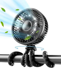 Load image into Gallery viewer, Gaiatop Baby Stroller Fan, 4000mAh Oscillating Mini Portable Fan with Light, 4 Speeds Battery Operated Small Handheld Desk Fan, 360° Rotate Flexible Tripod Clip On Fan for Car Seat Crib Travel Black