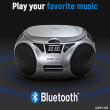 Load image into Gallery viewer, Craig CD6925 Portable Top-Loading Stereo CD Boombox with AM/FM Stereo Radio Bluetooth Wireless and AUX Port (Silver, Bluetooth)