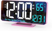 Load image into Gallery viewer, Pink Digital Clock for Bedroom 6.7in Dual Alarm Clock with Dimming, 12/24h, Seconds, Date, Day of Week, Temp, Desk Clock, LED Clock for Table Decor, Digital Calendar Table Clocks for Bedrooms KOSUMOSU
