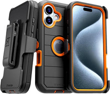 Load image into Gallery viewer, for iPhone 16 Plus Case with Belt Clip Holster & Kickstand, Screenless Protective Dual-Layer Shockproof Phone Case for iPhone 16 Plus - Black & Orange