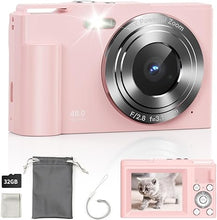 Load image into Gallery viewer, Digital Camera, FHD 1080P Kids Digital Point and Shoot Camera with 16X Digital Zoom, Anti-Shake, Flash, 32GB Card, Portable Compact Travel Camera for Boys, Girls (Pink)