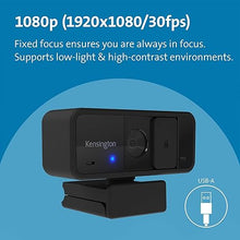 Load image into Gallery viewer, Kensington W1050 1080p Fixed Focus Wide Angle Webcam for Video Conference, Dual Stereo Mic, Software Control, Privacy Cover, Works with Microsoft Teams, Google Meet, Zoom and More (K80250WW)