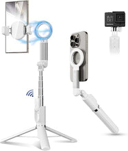 Load image into Gallery viewer, Magnetic Phone Tripod Selfie Stick, 40.9" Extendable Cell Phone Tripod Stand for iPhone 16 15 14 13 12 MagSafe Phone Case with Phone Clamp & Wireless Remote for Selfie Vlogging Video Recording-White
