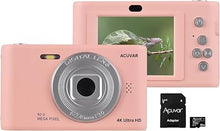 Load image into Gallery viewer, Acuvar 4K 50MP Digital Camera, Auto Focus Kids Camera Selfie with Front and Rear Dual Lenses, 32GB Card,16X Digital Zoom, Compact Travel Vlogging Video Camera Gift for Kid Teen Beginner (Pink)