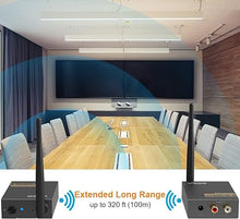 Load image into Gallery viewer, YMOO 2.4Ghz Wireless Audio Transmitter Receiver,48kHz/24bit HiFi Audio,20ms Ultra Low Latency,320ft Long Range RCA Jack Adapter for Speaker/soundbar to TV/PC/CD Player/Computer/Projector
