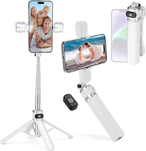 Load image into Gallery viewer, Mini Phone Tripod Stand,MQOUNY 38" Phone Tripod &Selfie Stick with Wireless Rechargeable Remote & Removable Light, Extendable Tripod Stand 360 Rotation Compatible with Phone&Android Samsung (White)