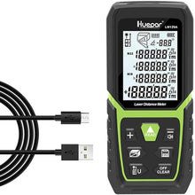 Load image into Gallery viewer, Huepar Laser Distance Meter 393Ft with Li-ion Battery & Electric Angle Sensor, Backlit LCD Laser Measure M/in/Ft with High Accuracy Multi-Measurement Modes, Pythagorean, Distance, Area&Volume