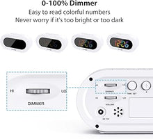 Load image into Gallery viewer, REACHER Small Colorful LED Digital Alarm Clock with Snooze, Simple to Operate, Full Range Brightness Dimmer, Adjustable Alarm Volume, Outlet Powered Compact Clock for Bedrooms, Bedside, Desk, Shelf