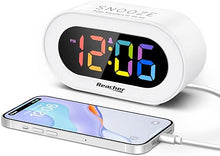 Load image into Gallery viewer, REACHER Kids Alarm Clock with USB Charger, Dimmable Rainbow LED Digital Display, Simple Basic Operation, Adjustable Volume, Small Plug in Clock for Bedroom, Bedside, Girls, Boys, Adults