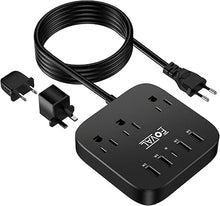 Load image into Gallery viewer, European Travel Plug Adapter, FOVAL EU UK US Power Strip with USB C and 4 USB Ports, 3 AC Outlets, Wall Mountable, 5ft Extension Cord, Compact for Travel, Cruise Ship, Home Office (Black)