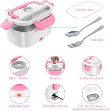 Load image into Gallery viewer, Electric Lunch Box, Food Warmer Heater 12V 24V 110V, 80W Faster Heated Lunch Box for Car/Truck/Home Portable Heating Boxes with 1.5L 304 SS Container Fork & Spoon, White+Pink
