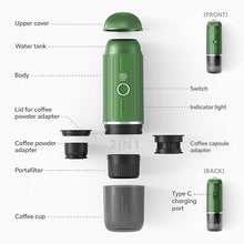 Load image into Gallery viewer, Rich Crema Portable Electric Espresso Coffee Maker, Travel Car Hiking, Fast self-heating 2 IN 1 Extraction System Espresso Machine, Support Ground Coffee and NS capsule, ME2218 (Green)