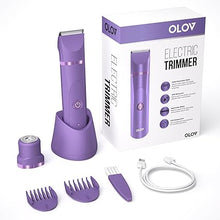 Load image into Gallery viewer, OLOV Electric Body Hair Trimmer - Groin Trimmer for Men - Bikini Trimmer Women - Wet/Dry Shaver Groomer, Replaceable Ceramic Blade Heads, USB Recharge Dock, Waterproof Hygiene Razor, Bright Purple