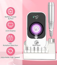 Load image into Gallery viewer, Portable Nail Drill Electric File: 40000RPM Professional Rechargeable Nail E File Machine, Cordless Nail Drill with Bits & Base for Acrylic Nails Remove Nail Gel Polish Manicure for Salon Home, White