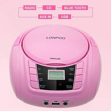 Load image into Gallery viewer, LONPOO Portable Boombox - CD Player, Bluetooth, USB, MP3, AUX, FM Radio, Portable, Built-in Stereo Speakers, Carrying Handle, LCD Display, Pink