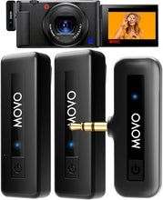 Load image into Gallery viewer, Movo Mini-Duo Wireless Microphones for Cameras, Wireless Camera Mini Mic - 3.5mm Lapel Microhone for Sony, Canon, and Nikon DSLR - 2.4Ghz Transmitter