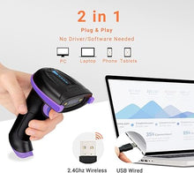 Load image into Gallery viewer, Tera Barcode Scanner Wireless Versatile 2-in-1 (2.4Ghz Wireless+USB 2.0 Wired) with Battery Level Indicator, 328 Feet Transmission Distance Rechargeable 1D Laser Bar Code Reader Handheld 5100 Purple