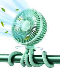 Load image into Gallery viewer, Gaiatop Baby Stroller Fan, 4000mAh Oscillating Mini Portable Fan with Light, 4 Speeds Battery Operated Small Handheld Desk Fan, 360° Rotate Flexible Tripod Clip On Fan for Car Seat Crib Travel Green