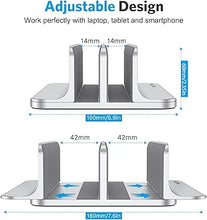 Load image into Gallery viewer, OMOTON [Updated Dock Version Vertical Laptop Stand, Double Desktop Stand Holder with Adjustable Dock (Up to 17.3 inch), Fits All MacBook/Surface/Samsung/HP/Dell/Chrome Book (Silver)