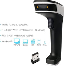 Load image into Gallery viewer, ScanAvenger Portable Wireless Bluetooth Barcode Scanner: 3-in-1 Hand Scanners - Cordless, Rechargeable 1D and 2D Scan Gun for Inventory Management - Wireless, Handheld, USB Bar Code/QR Code Reader