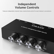 Load image into Gallery viewer, Cubilux 4-Channel 6.35 Headphone Amplifier Aluminum Audio Amp,Ultra-Low Noise Mini Earphone Splitter for Music Sharing/Monitoring, 1/4 "TRS Headphone Output and TRS Audio Input-DC 5V Power Supply