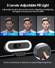 Load image into Gallery viewer, 2K 50FPS Webcam for PC/Mac, Computer Camera with Fill RGB Lights, 2 Noise-Canceling Microphone, Autofocus and Tripod for Meeting, Live Streaming, Video Calls, Gaming, Works with Zoom, Skype, Teams