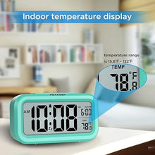 Load image into Gallery viewer, Peakeep Night Light Digital Alarm Clock Battery Operated with Indoor Temperature, Desk Small Clock (Mint)