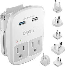 Load image into Gallery viewer, Ceptics Universal Travel Adapter Kit - 2 USB, USB-C Cord+2 US Outlets QC 3.0, Surge Protection, Plugs for Europe, UK, China, Australia, Japan - Perfect for Laptop, Cell Phones, Cameras,Safe ETL Tested