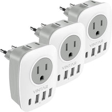 Load image into Gallery viewer, 3 Pack European Travel Plug Adapter, VINTAR International Power Plug Adapter with 2 American Outlets, 1 USB C and 3 USB Ports, 6 in 1 Travel Essentials to France, German, Italy, Spain (Type C)