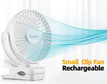 Load image into Gallery viewer, Viniper 6 inch Rechargeable Clip on Fan, 5000mah Battery Desk Fan : 360° Rotation & 3 Speeds Strong Wind Portable Fan, 8-30 Working Hours, Quiet and Powerful (White)