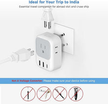 Load image into Gallery viewer, India Plug Adapter 2 Pack, TESSAN Type D Travel Adapter with 4 Outlets 3 USB Charger (1 USB C Port), US to India Plug Adapter for USA to Bangladesh, India, Kuwait, Maldives