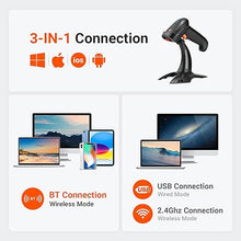 Load image into Gallery viewer, Tera Barcode Scanner Wireless 1D 2D QR with Stand: Battery Level Indicator 3 in 1 Works with Bluetooth 2.4G Wireless USB Wired Handheld Bar Code Reader with Vibration Alert HW0002 Black