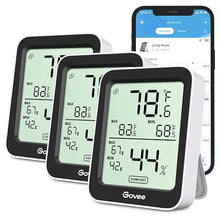 Load image into Gallery viewer, Govee Indoor Hygrometer Thermometer 3 Pack, Bluetooth Humidity Temperature Gauge with Large LCD Display, Notification Alert with Max Min Records, 2 Years Data Storage Export for Room Greenhouse, Black