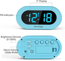 Load image into Gallery viewer, REACHER Kids Blue Alarm Clock with Snooze, Simple to Operate, 0-100% Dimmer, Adjustable Volume, Outlet Powered, Small LED Boys Clock for Bedrooms