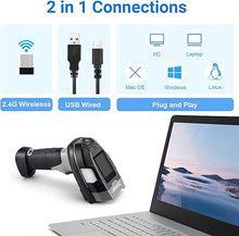 Load image into Gallery viewer, Upgraded Industrial Barcode Scanner Wireless, 1D Laser Bar Code Scaners 2 in 1 Plug and Play Rugged Heavy Duty & IP65 Waterproof, Long-Distance Wireless Handheld Barcode Reader with 1.8" Screen