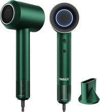 Load image into Gallery viewer, 7MAGIC High-Speed Hair Dryer with 110,000RPM Brushless Motor for Fast Drying, Low Noise Blow Dryer with Tri-Colour LED Light Ring, 1400W Ionic Hair Dryer for Home and Travel, Magnetic Nozzle, Green