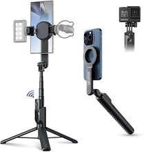Load image into Gallery viewer, Magnetic Phone Tripod Selfie Stick, 40.9” Extendable Cell Phone Tripod Stand for iPhone 16 15 14 13 12 MagSafe Phone Case with Phone Clamp & Wireless Remote for Selfie Vlogging Video Recording-Black