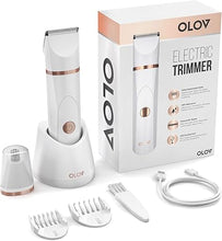 Load image into Gallery viewer, OLOV Electric Body Hair Trimmer - Groin Trimmer for Men - Bikini Trimmer Women - Wet/Dry Shaver Groomer, Replaceable Ceramic Blade Heads, USB Recharge Dock, Waterproof Hygiene Razor, White