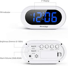 Load image into Gallery viewer, REACHER Small LED Digital Alarm Clock with Snooze, Simple to Operate, Full Range Brightness Dimmer, Adjustable Alarm Volume, Outlet Powered Compact Clock for Bedrooms, Bedside, Desk, Shelf(Blue)…