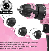 Load image into Gallery viewer, WORKPRO Pink Cordless Drill Driver Set, 12V Electric Screwdriver Driver Tool Kit, 3/8" Keyless Chuck, Charger and Storage Bag Included - Pink Ribbon