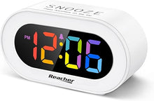 Load image into Gallery viewer, REACHER Small Colorful LED Digital Alarm Clock with Snooze, Simple to Operate, Full Range Brightness Dimmer, Adjustable Alarm Volume, Outlet Powered Compact Clock for Bedrooms, Bedside, Desk, Shelf