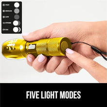 Load image into Gallery viewer, Gorilla Grip Powerful LED 750 FT Water Resistant 5 Adjustable Mode Tactical Flashlight, High Lumens Ultra Bright Battery Life Zoom Flashlights, Small Camping Car Mini Flash Light Accessories, Gold