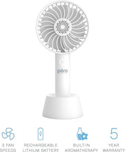 Load image into Gallery viewer, Pure Enrichment® PureBreeze™ Personal Handheld Fan with Base - 3 Fan Speeds, Built-In Rechargeable Lithium-Ion Battery, Lightweight Portable Design, Soothing Optional Aromatherapy Tank, USB Charger