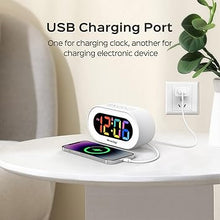 Load image into Gallery viewer, REACHER Kids Alarm Clock with USB Charger, Dimmable Rainbow LED Digital Display, Simple Basic Operation, Adjustable Volume, Small Plug in Clock for Bedroom, Bedside, Girls, Boys, Adults