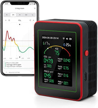 Load image into Gallery viewer, 15-in-1 Air Quality Monitor Indoor CO/CO2/HCHO/TVOC/AQI/PM0.3/PM1.0/PM2.5/PM10/Thermometer/Humidity Monitor/Date and Time/Alarm Clock/Timer/Mobile APP, WiFi, Alerts & Notifications (Balck Red)