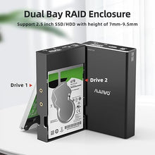 Load image into Gallery viewer, MAIWO Dual Bay Hard Drive RAID Enclosure for 2.5 Inch SATA SSD HDD, RAID 0/RAID 1/JBOD/PM, USB 3.0 6Gbps with UASP, 16TB Capacity, External HDD Bay Aluminum